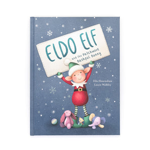 The Jellycat Eldo Elf and the Patchwork Bashful Bunny Book cover features Eldo Elf, plush toys, and a snowy background for a zero-waste adventure.