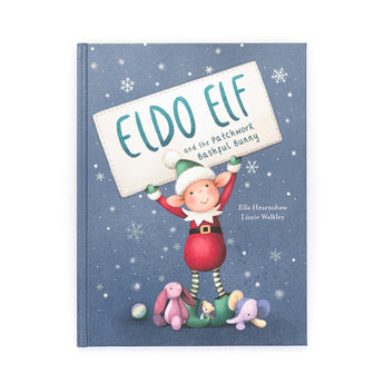 The Jellycat Eldo Elf and the Patchwork Bashful Bunny Book cover features Eldo Elf, plush toys, and a snowy background for a zero-waste adventure.