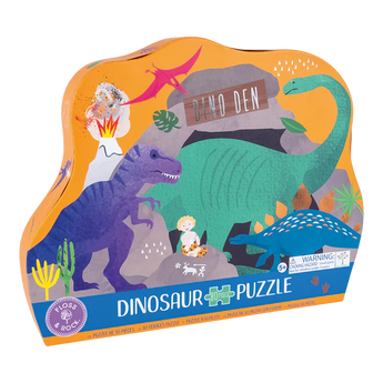 The 80 Piece Dinosaur Puzzle by Floss and Rock features colorful dinos, plants, rocks on a vibrant orange box labeled Dino Den.