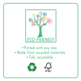 Eco-friendly Floss and Rock badge: Multicolored tree + subtle Dino puzzle piece. Soy ink printed, recyclable, with Recycle & FSC logos.