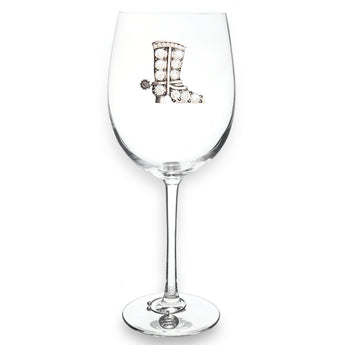 The Queen Jewels Stemmed Wine Glass features a vintage cowboy boot with a spur, packaged elegantly for gifting.