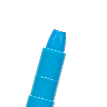 Close-up of a blue Smooth Stix Watercolor Gel Crayon by OOLY with a pointed tip against a white background.