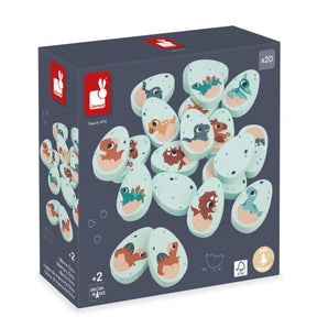 The Dino Memory Game by Janod Juratoys features dinosaur eggs with hatchlings, perfect for preschoolers 2+ to explore a prehistoric adventure.