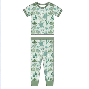Emerson and Friends PJs, Sea Turtles: buttery soft bamboo kids’ set with green cuffs and save the sea turtles print.