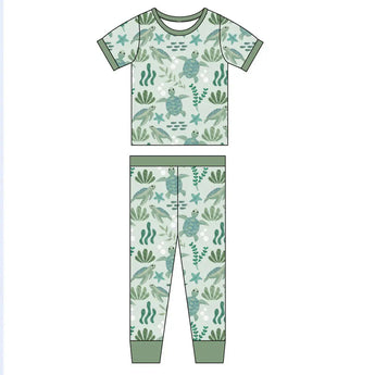Emerson and Friends PJs, Sea Turtles: buttery soft bamboo kids’ set with green cuffs and save the sea turtles print.