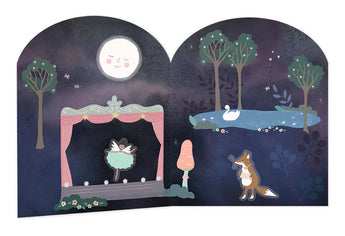 Fox plays violin under moonlit sky with ballerina and swan—part of Floss and Rocks Stick and Play, Enchanted reusable stickers.