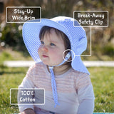 A toddler in a Jan and Jul Sun Hat, Blue Stripes, with sun protection and an adjustable drawstring sitting outside on the grass.
