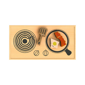 Play kitchen set with spatula, egg, bacon & pan on stove.