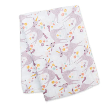 Lulujo Inc.s Cotton Swaddle, Unicorn: a white cotton blanket with pink unicorns & colorful flowers for cozy snuggles.