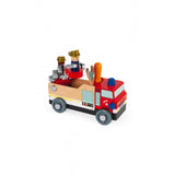 Janod Juratoys Fire Truck: A vibrant wooden toy engine with figures, wheels, ladder, wrench, and screwdriver.