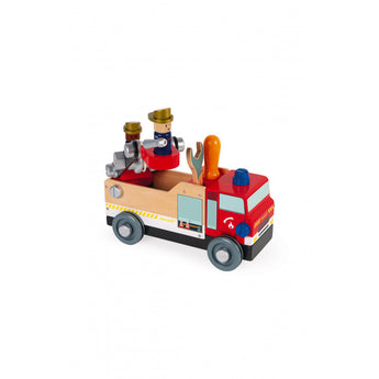Janod Juratoys Fire Truck: A vibrant wooden toy engine with figures, wheels, ladder, wrench, and screwdriver.