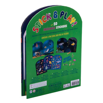 Stick and Play, Deep Sea by Floss and Rock: Green cover with 50+ reusable stickers featuring deep-sea and space scenes for eco-friendly fun.