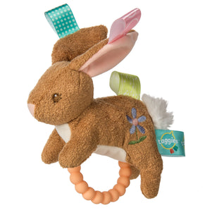 Mary Meyers Harmony Bunny Rattle: A baby-safe plush teether with colorful tags, an orange silicone ring, and an embroidered flower.