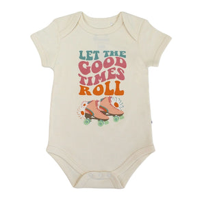 The Emerson and Friends Luxury Bodysuit features Let the Good Times Roll text and playful roller skates, crafted from fine cotton.