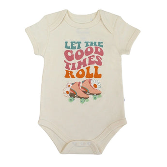 The Emerson and Friends Luxury Bodysuit features Let the Good Times Roll text and playful roller skates, crafted from fine cotton.