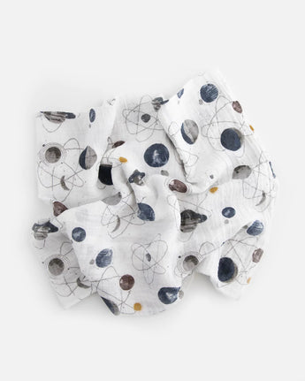The Little Unicorn Cotton Swaddle, Planetary features a lightweight space-themed pattern with planets, rockets, and stars.