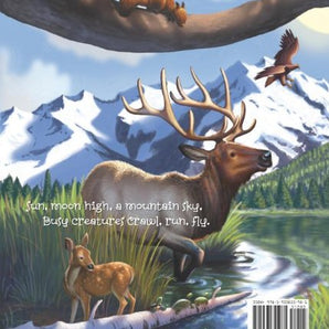 Explore mountain wildlife—elk, doe, fawn, squirrel, and bird—under snowy peaks in Mountain Night Mountain Day by Treasure Chest Books.