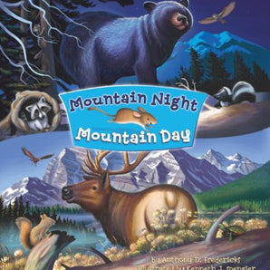 Cover of Mountain Night Mountain Day from Treasure Chest Books, an interactive childrens book with raccoon, bear & elk under two skies.