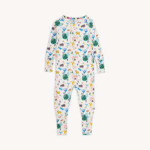 Magnetic Me Coverall Wooly Big Deal: long-sleeve baby onesie with animal print, rainbow trim, and eco-friendly modal fabric.