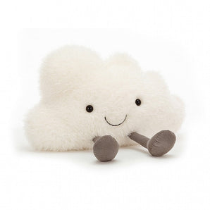 Meet the Jellycat Amuseable Cloud Large, a plush toy with a smile and tiny gray legs, perfect for snuggles and smiles.