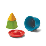 PlanToys Creative Sand Play sparks imagination with a green/yellow cone, red saucer, and blue cup on a white background.