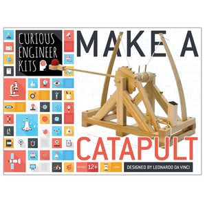Copernicus Toys Make A Catapult Kit box includes a wooden catapult and colorful engineering icons for interactive learning fun.