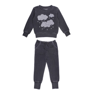 Lovedbabys Organic Sweatshirt & Jogger Set, Coal Clouds: kids dark gray cotton outfit with cloud and raindrop designs.