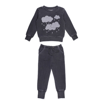 Lovedbabys Organic Sweatshirt & Jogger Set, Coal Clouds: kids dark gray cotton outfit with cloud and raindrop designs.