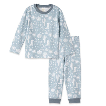 Tesa Babes PJs, Wild West Blue features a white cactus pattern set against a blue backdrop with ultra-soft bamboo blend fabric.