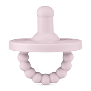 Ryan & Rose Round Pacifier and Teether in mauve features a beaded handle and bite-resistant nipple made from medical-grade silicone.
