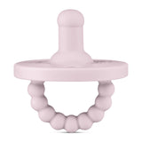 Ryan & Rose Round Pacifier and Teether in mauve features a beaded handle and bite-resistant nipple made from medical-grade silicone.