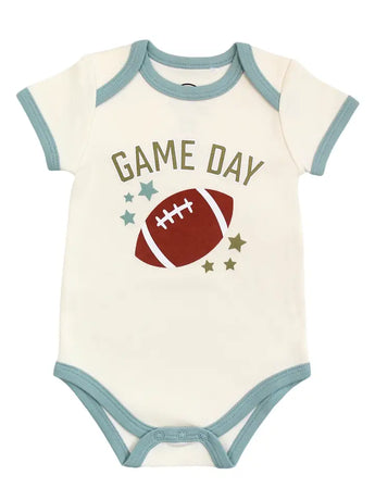 Emerson and Friends Luxury Bodysuit features Game Day text, football graphics, stars, and teal trim—a sporty print for babies.