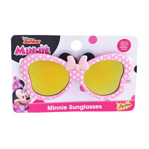Lil Characters Sunglasses by Sunstaches are pink with polka dots, a bow, and yellow UV400 lenses. Minnie Mouse image on packaging.