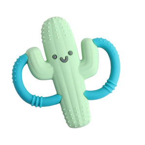 The Chew Crew Cactus by Itzy Ritzy is a cute teething toy with soft silicone textures, blue handles, and a happy face design.
