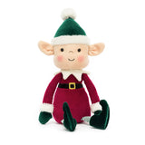 Meet Eldo Elf by Jellycat, a plush toy exuding Christmas cheer in a red and green outfit with large ears and a pointy hat.