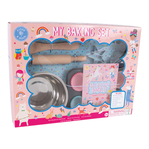 Floss and Rocks Unicorn Baking Set includes a rolling pin, cupcake liners, bowls, and a recipe booklet for aspiring bakers.