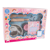 Floss and Rocks Unicorn Baking Set includes a rolling pin, cupcake liners, bowls, and a recipe booklet for aspiring bakers.