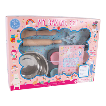Floss and Rocks Unicorn Baking Set includes a rolling pin, cupcake liners, bowls, and a recipe booklet for aspiring bakers.