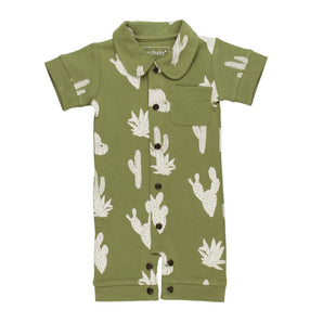 Lovedbaby Organic Coverall in Sage Cactus features a small chest pocket and black buttons.