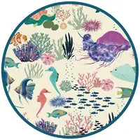 Circular illustration of sea creatures and coral, inspired by Emerson and Friends One Piece Swimsuit, Coral Reef.
