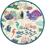 Circular illustration of sea creatures and coral, inspired by Emerson and Friends One Piece Swimsuit, Coral Reef.