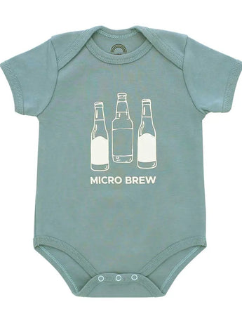 The Emerson and Friends Luxury Bodysuit features a green design with MICRO BREW text & bottle illustrations in premium ringspun cotton.