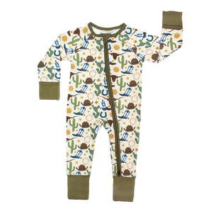 Emerson and Friends Sleeper, Howdy: buttery soft bamboo romper with green cuffs, two-way zipper, and western-themed print.