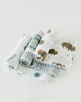 The Little Unicorn Cotton Swaddle Set, Bison, includes 4 breathable muslin blankets with bison, cactus, and geometric designs.