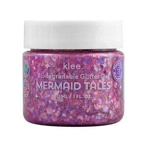 Jar of Klee Naturals Biodegradable Glitter Gel in Mermaid Tales, 30ml, with ocean-safe pink and purple sparkles.