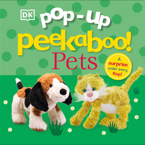 Cover of Pop-Up Peekaboo! Pets Board Book by Random House with plush dog and cat on a green polka dot background.