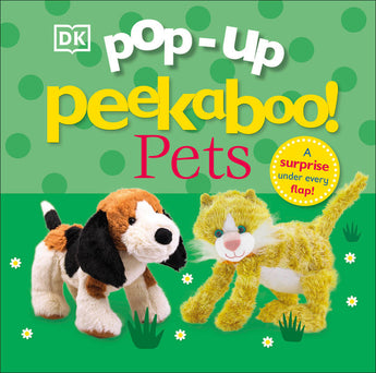 Cover of Pop-Up Peekaboo! Pets Board Book by Random House with plush dog and cat on a green polka dot background.
