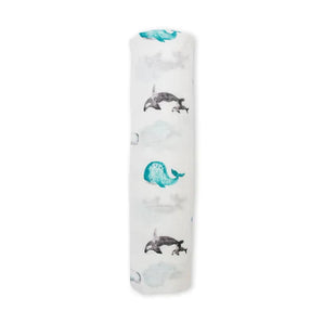 A Lulujo Inc. Bamboo Swaddle, Whales features teal and gray marine print with whales and dolphins.