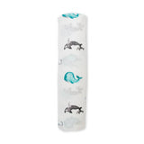 A Lulujo Inc. Bamboo Swaddle, Whales features teal and gray marine print with whales and dolphins.