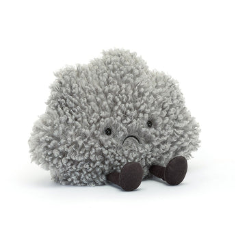 The Jellycat Amuseable Storm Cloud: a plush gray cloud with a sad face and brown legs, adorably seated on white.